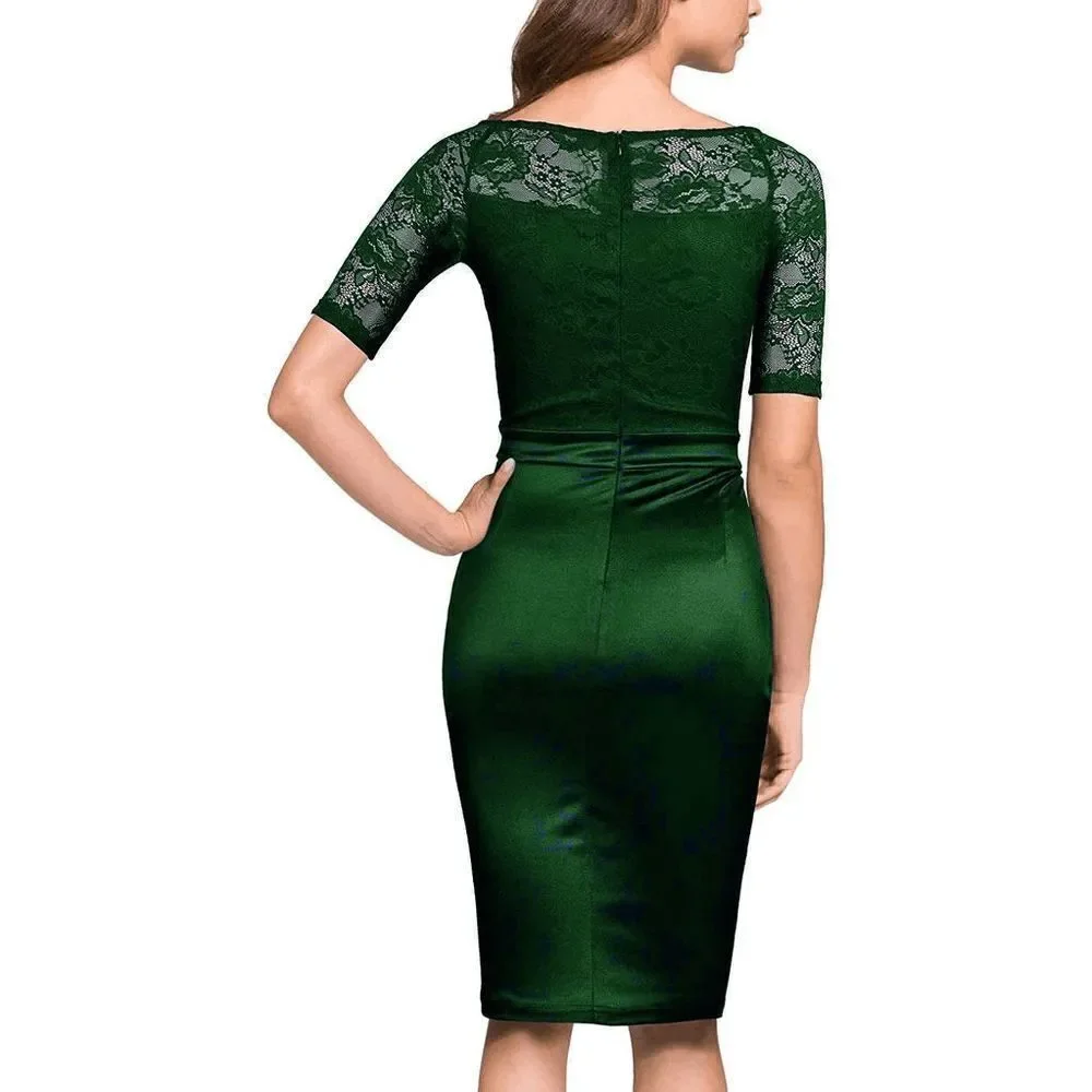 💚 Elegant Romantic Lace Satin Fitted Ruched Ruffles Retro Pencil Dress XXL NWT